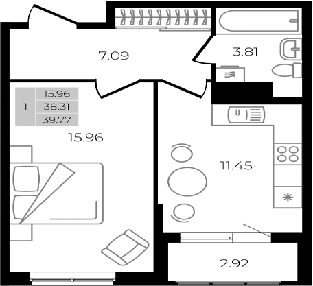 Планировка — Курортный регион, 1-комн., 38 м²