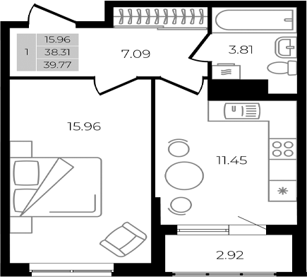 Планировка — Курортный регион, 1-комн., 38 м²