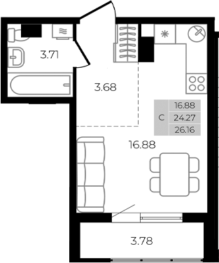 Планировка — Курортный регион, Студия, 24 м²