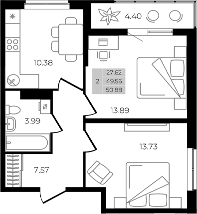 Планировка — Курортный регион, 2-комн., 50 м²