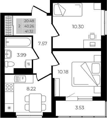 Планировка — Курортный регион, 2-комн., 40 м²