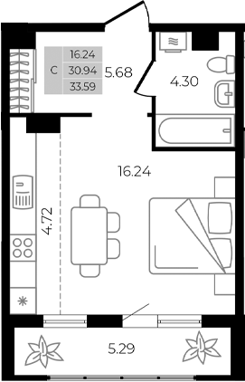 Планировка — Курортный регион, Студия, 31 м²