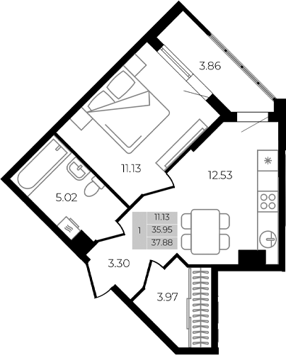 Планировка — Курортный регион, 1-комн., 36 м²