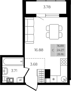 Планировка — Курортный регион, Студия, 24 м²