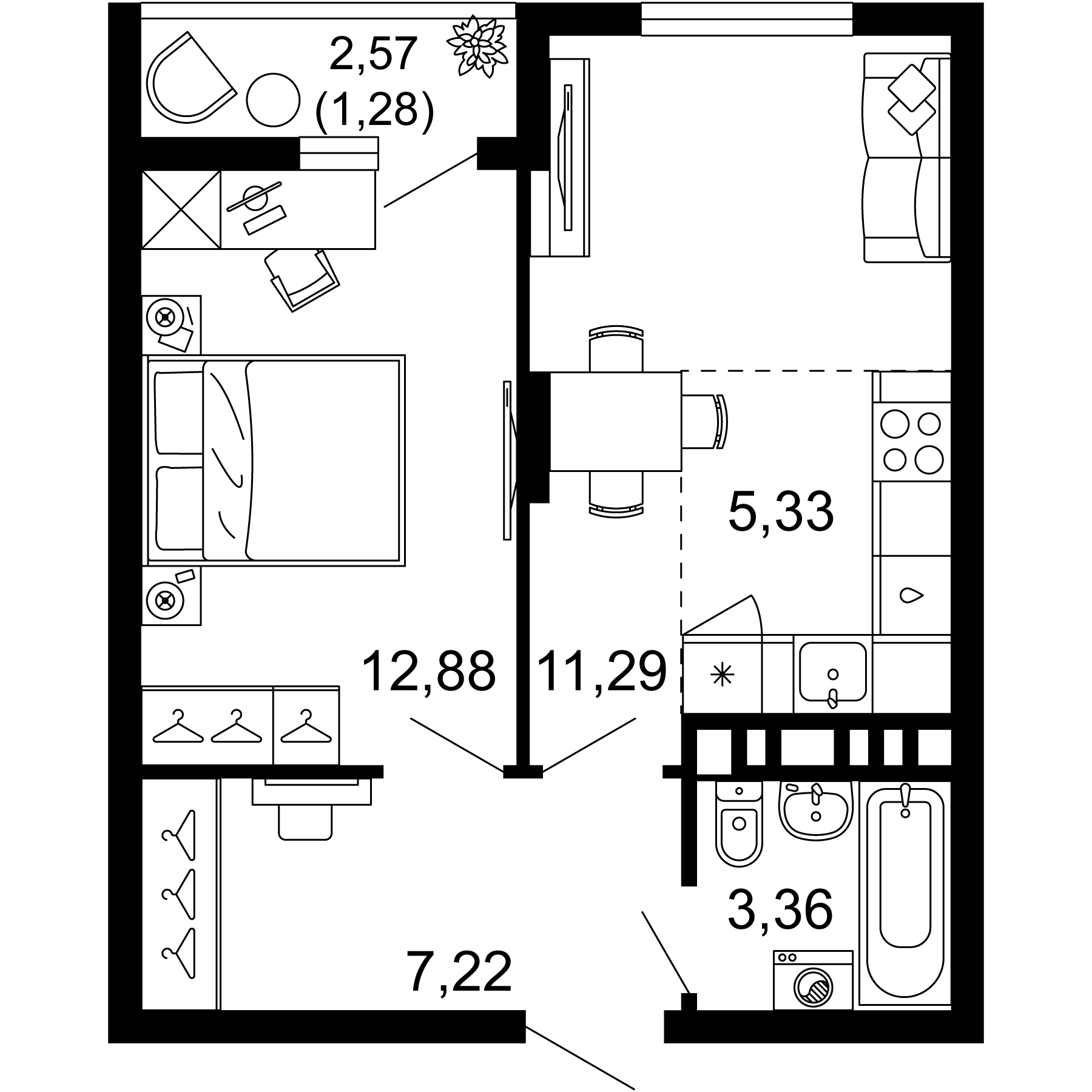 Планировка — 1799, 2-комн., 40 м²