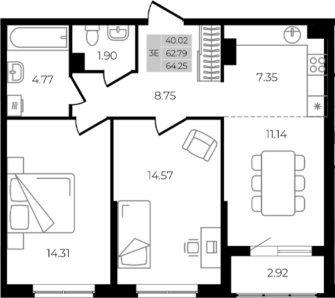 Планировка — Курортный регион, 3-комн., 63 м²