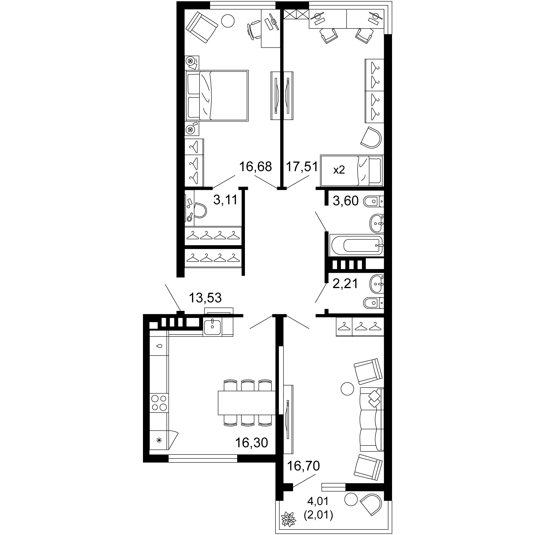 Планировка — 1799, 3-комн., 90 м²
