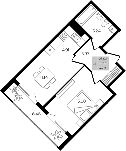Планировка — Курортный регион, 2-комн., 41 м²