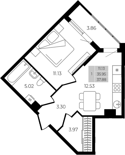Планировка — Курортный регион, 1-комн., 36 м²