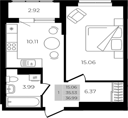 Планировка — Курортный регион, 1-комн., 36 м²