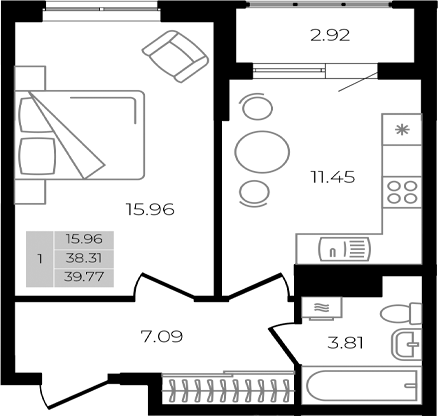 Планировка — Курортный регион, 1-комн., 38 м²