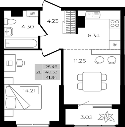 Планировка — Курортный регион, 2-комн., 40 м²