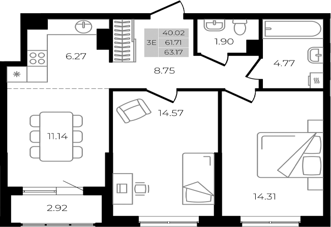 Планировка — Курортный регион, 3-комн., 62 м²