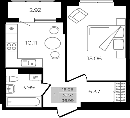 Планировка — Курортный регион, 1-комн., 36 м²