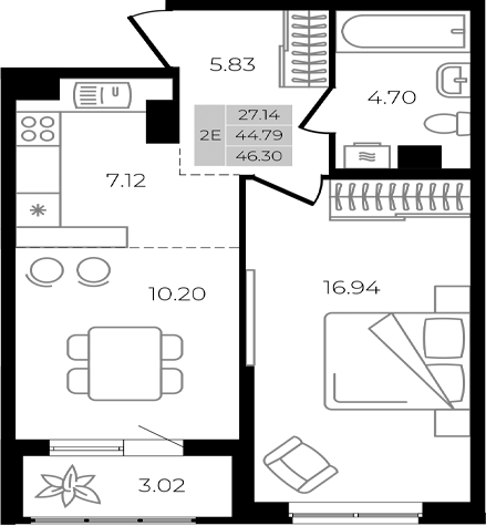 Планировка — Курортный регион, 2-комн., 45 м²
