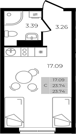 Планировка — Курортный регион, Студия, 24 м²