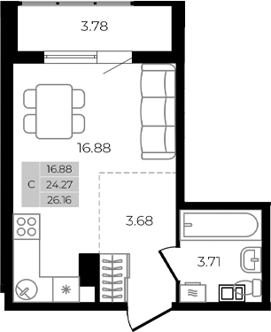Планировка — Курортный регион, Студия, 24 м²