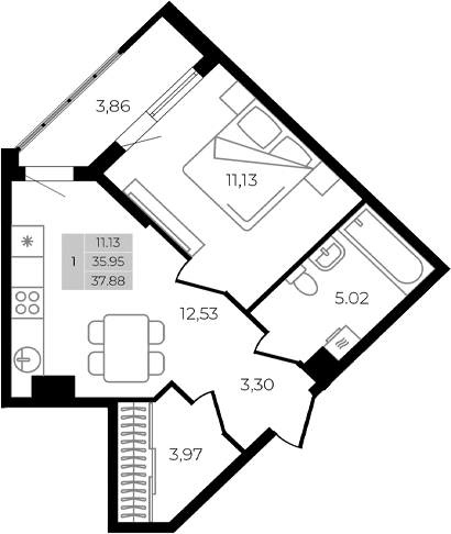 Планировка — Курортный регион, 1-комн., 36 м²