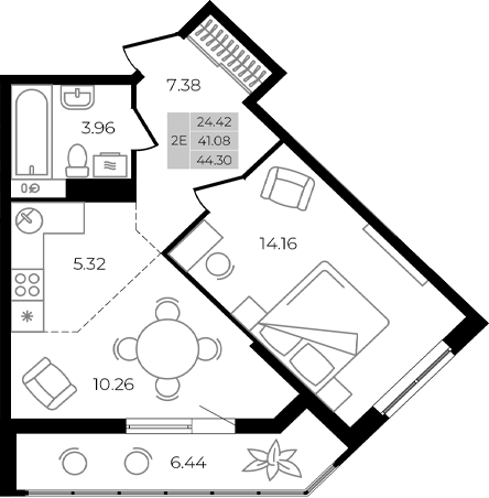 Планировка — Курортный регион, 2-комн., 41 м²