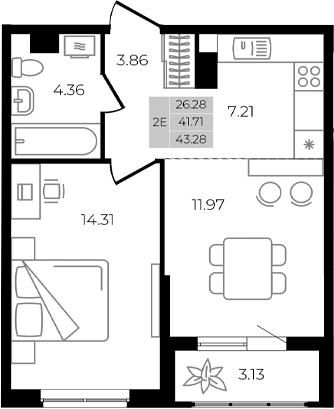 Планировка — Курортный регион, 2-комн., 42 м²