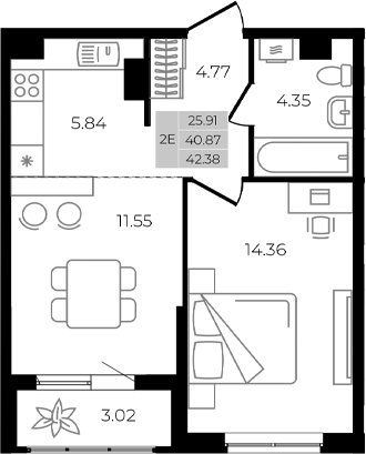 Планировка — Курортный регион, 2-комн., 41 м²