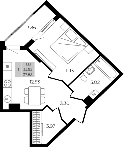 Планировка — Курортный регион, 1-комн., 36 м²