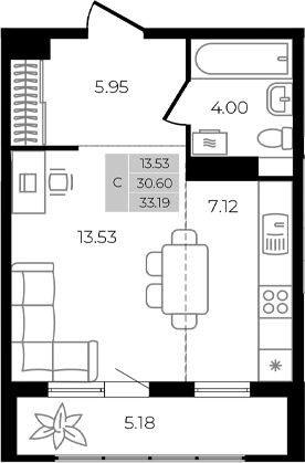 Планировка — Курортный регион, Студия, 31 м²
