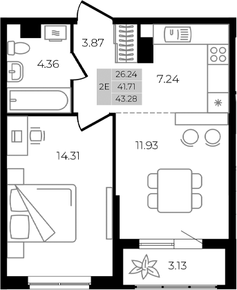 Планировка — Курортный регион, 2-комн., 42 м²