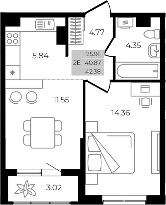 Планировка — Курортный регион, 2-комн., 41 м²