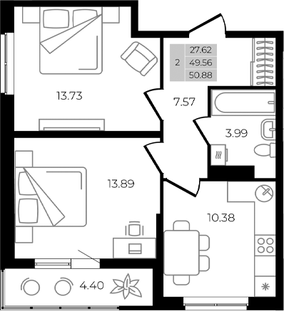 Планировка — Курортный регион, 2-комн., 50 м²