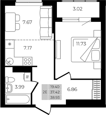 Планировка — Курортный регион, 2-комн., 37 м²