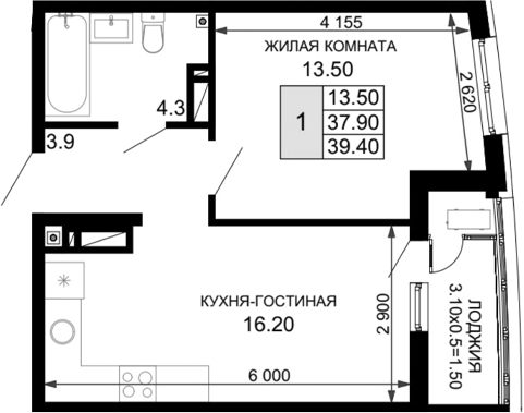 Планировка — Фонтаны, 2-комн., 39 м²