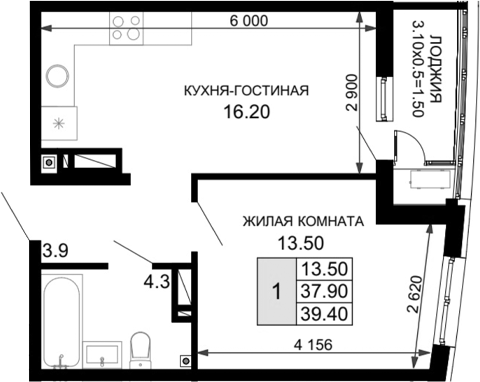 Планировка — Фонтаны, 2-комн., 38 м²