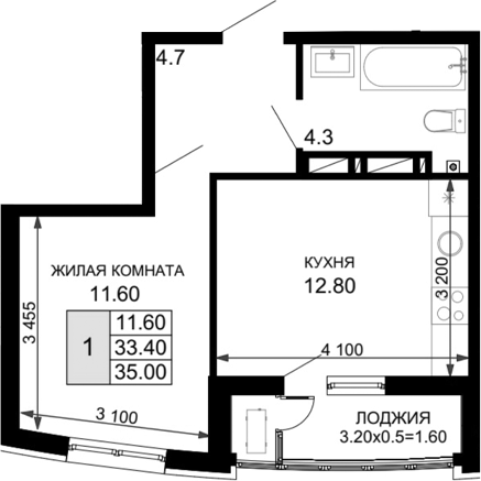 Планировка — Фонтаны, 1-комн., 33 м²