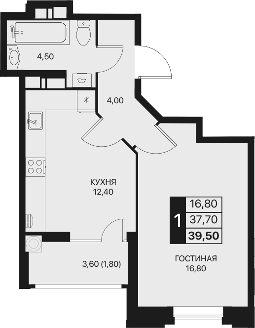 Планировка — Эстет, 1-комн., 38 м²