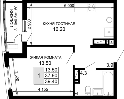 Планировка — Фонтаны, 2-комн., 38 м²