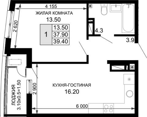 Планировка — Фонтаны, 2-комн., 38 м²