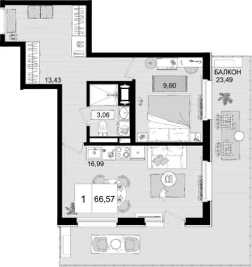 Планировка — ГК Корсаков, 2-комн., 43 м²