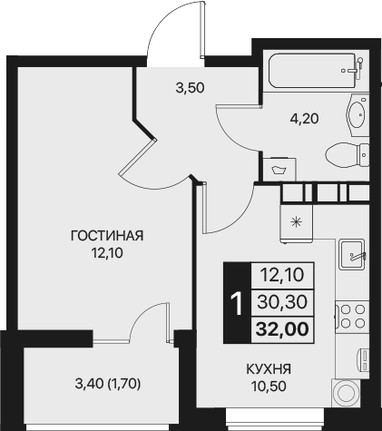 Планировка — Эстет, 1-комн., 30 м²