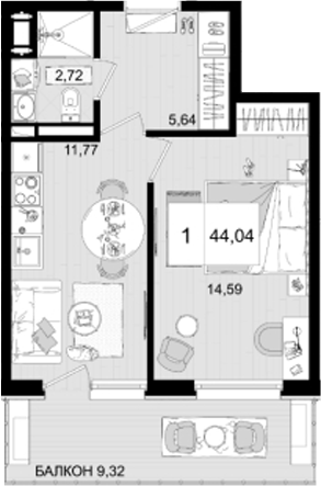 Планировка — ГК Корсаков, 1-комн., 35 м²