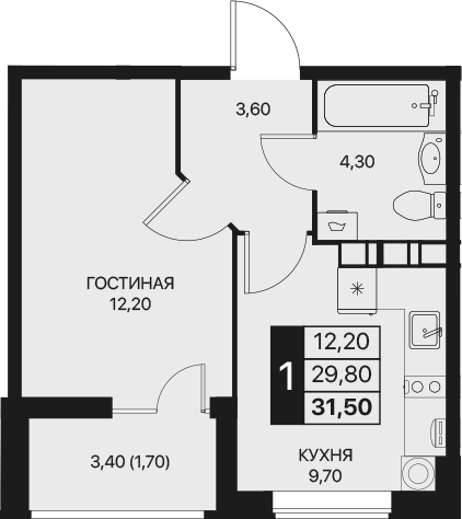 Планировка — Эстет, 1-комн., 30 м²