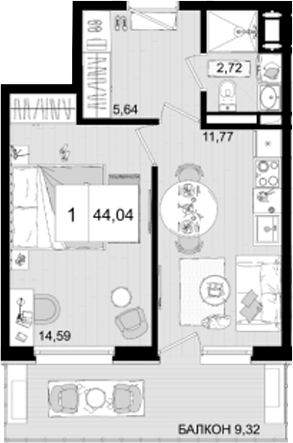 Планировка — ГК Корсаков, 1-комн., 35 м²