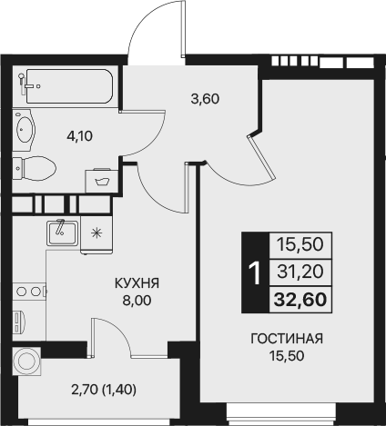 Планировка — Эстет, 1-комн., 31 м²