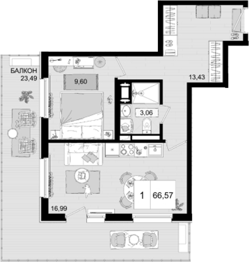 Планировка — ГК Корсаков, 2-комн., 43 м²