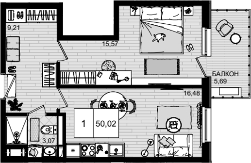 Планировка — ГК Корсаков, 2-комн., 44 м²