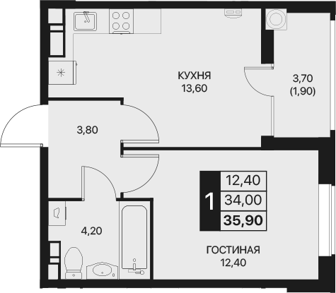 Планировка — Эстет, 1-комн., 34 м²