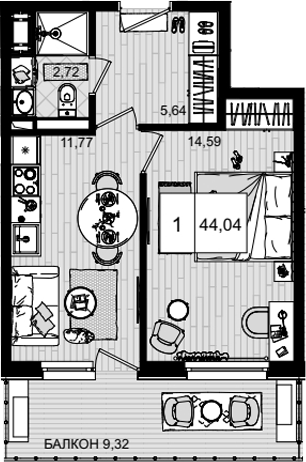 Планировка — ГК Корсаков, 1-комн., 35 м²