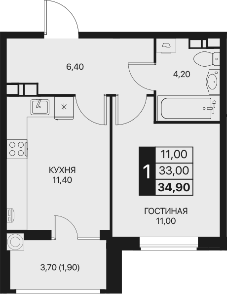 Планировка — Эстет, 1-комн., 33 м²