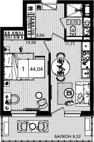 Планировка — ГК Корсаков, 1-комн., 35 м²