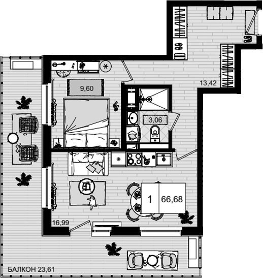 Планировка — ГК Корсаков, 2-комн., 43 м²